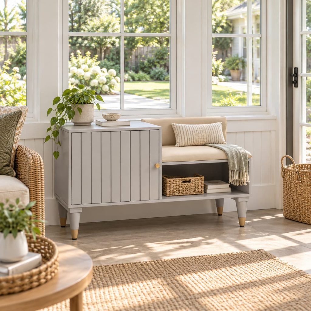 Gray storage bench with cushioned seat, cabinet, throw blanket, and woven basket by garden-view windows.