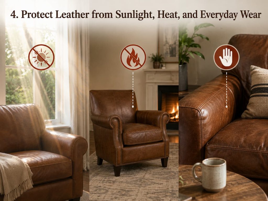 Leather chairs protected from direct sunlight, fireplace heat, and everyday surface wear.