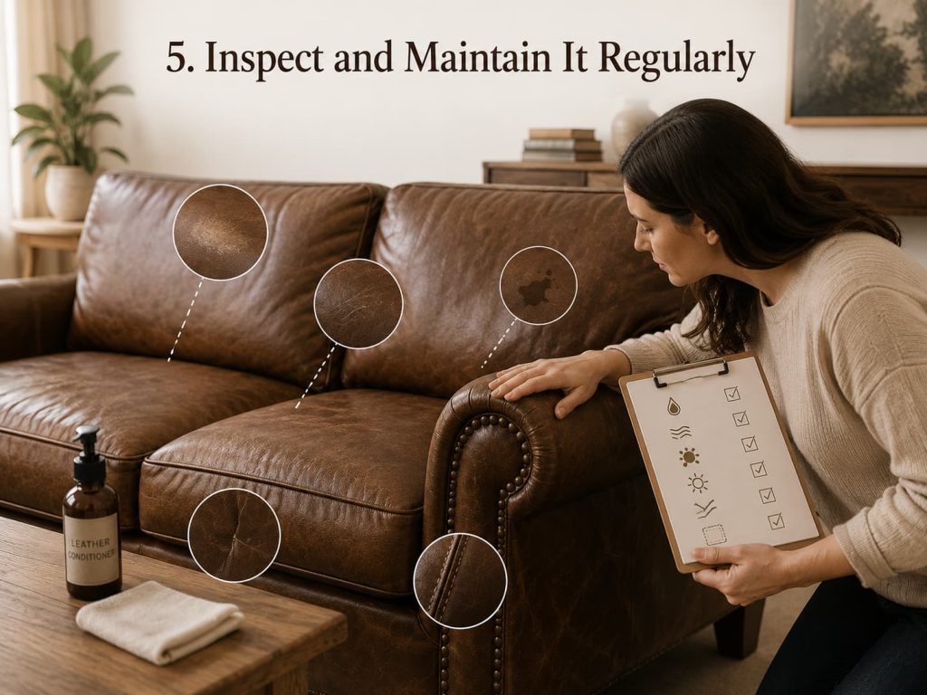 Woman inspecting a brown leather sofa for scratches, stains, cracks, dryness, and seam wear.