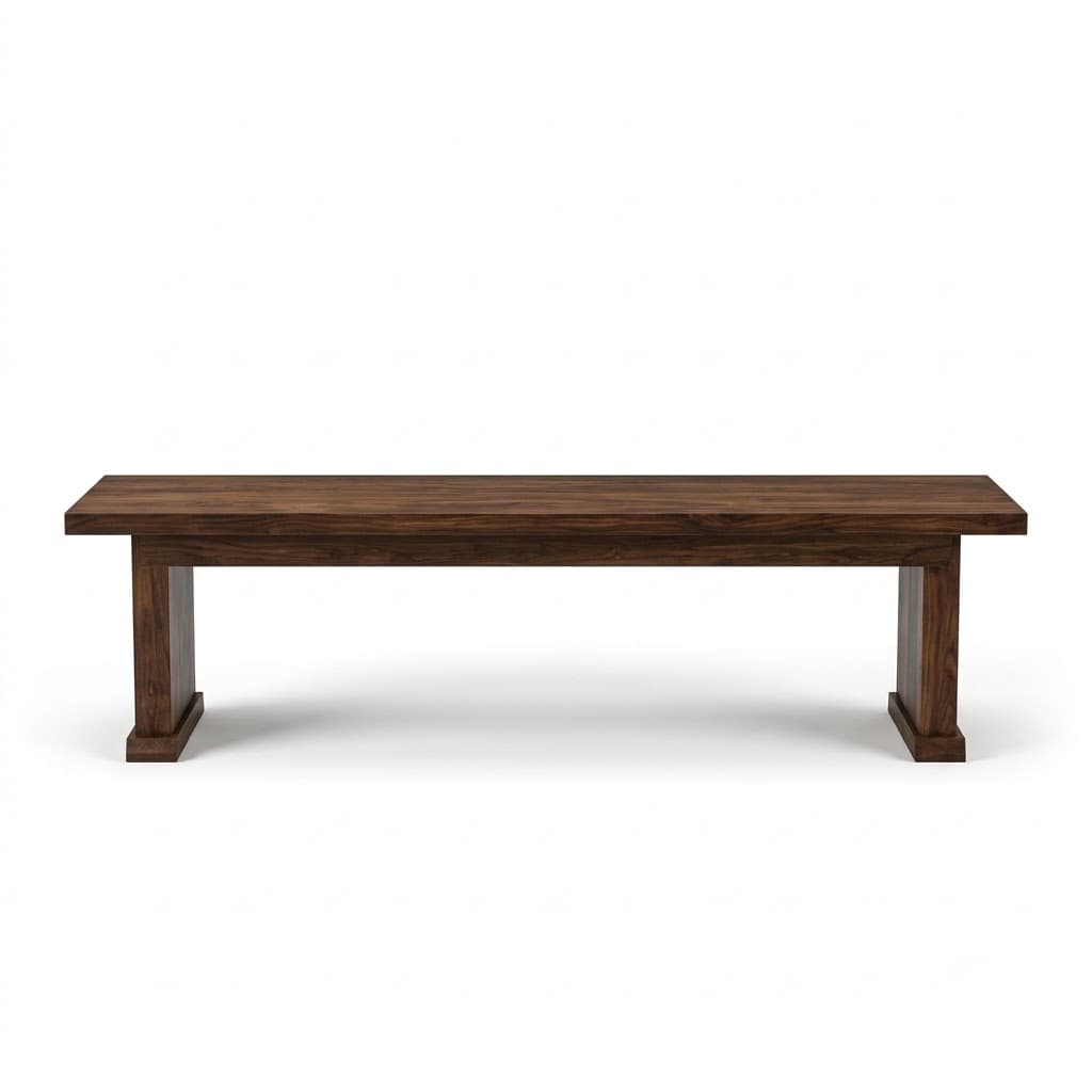 Dark wood dining bench with a trestle pedestal base.