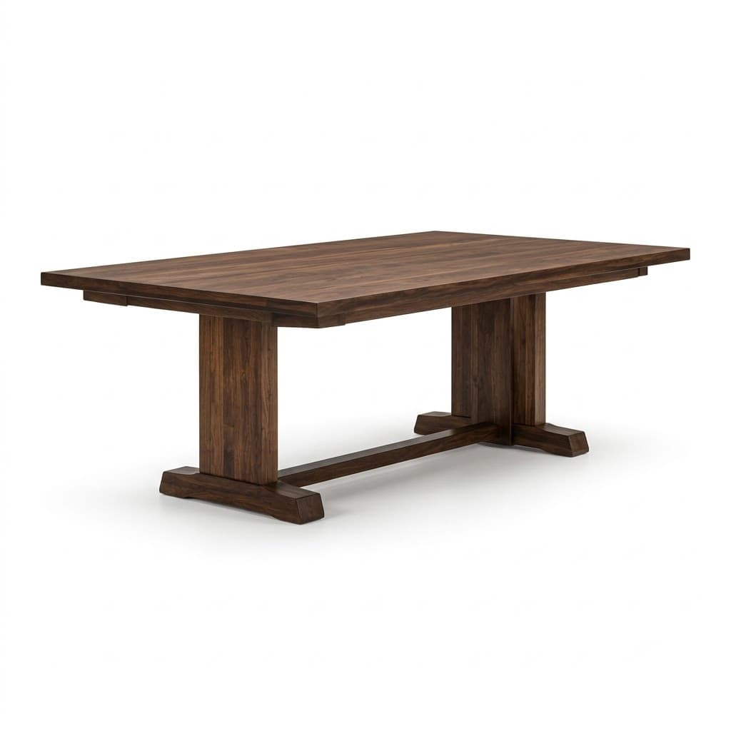 Dark wood dining table with a trestle pedestal base.