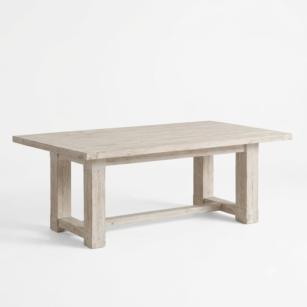 Whitewashed wood dining table with a trestle base.