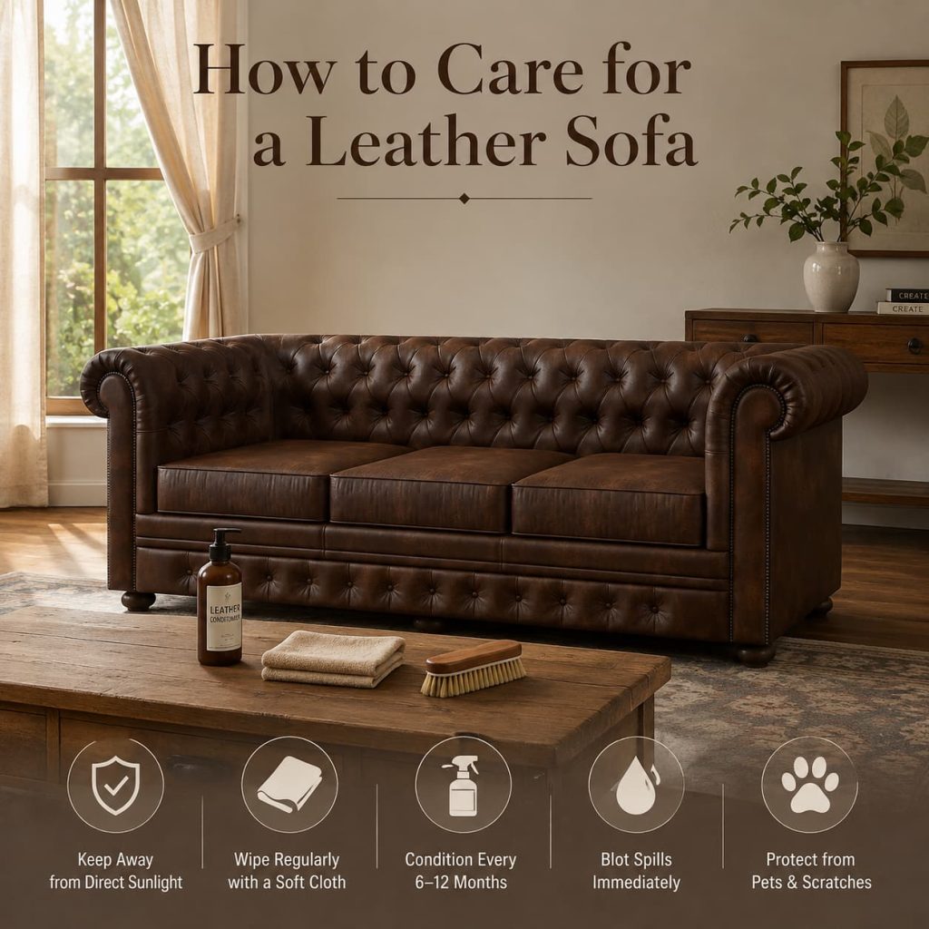 Leather sofa care guide showing a brown Chesterfield sofa, soft cloth, conditioner, and window protection.