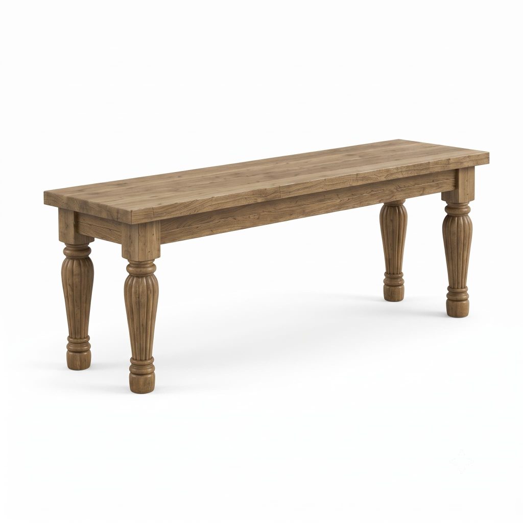 Rustic wood dining bench with carved spindle legs.