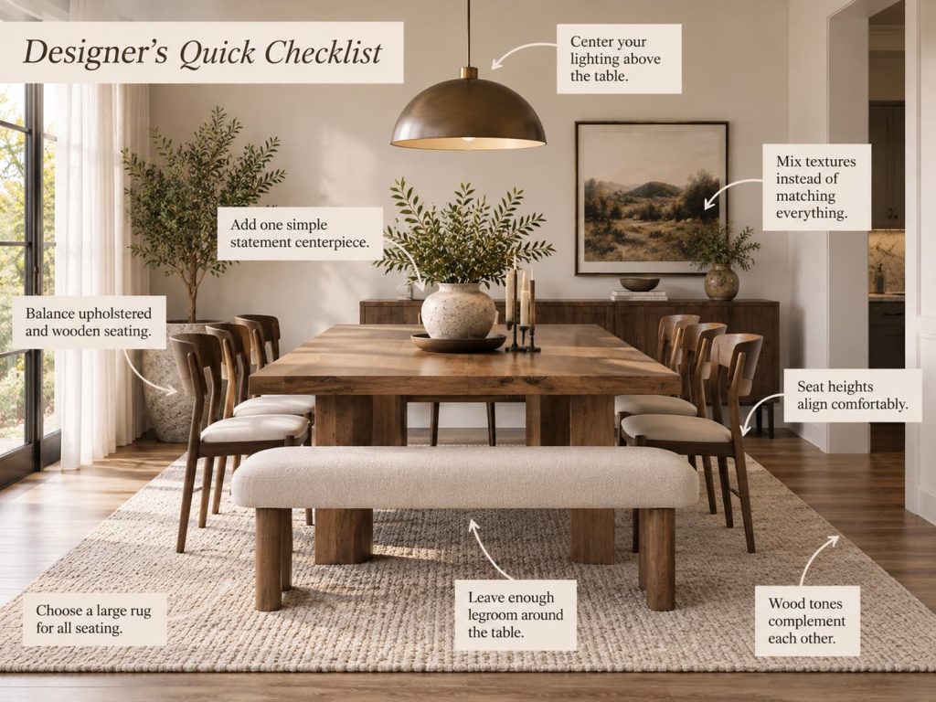 Infographic with dining room design tips like centered lighting, mixed textures, and rug sizing.