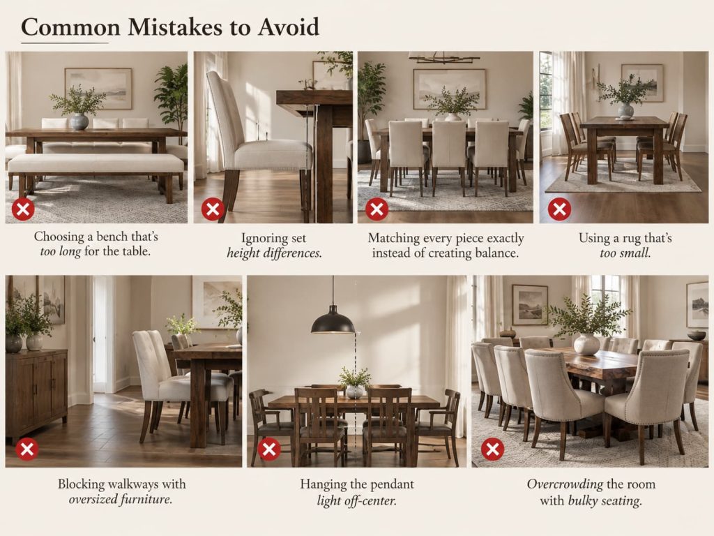 Infographic listing seven dining room seating mistakes, like oversized benches and off-center lighting.