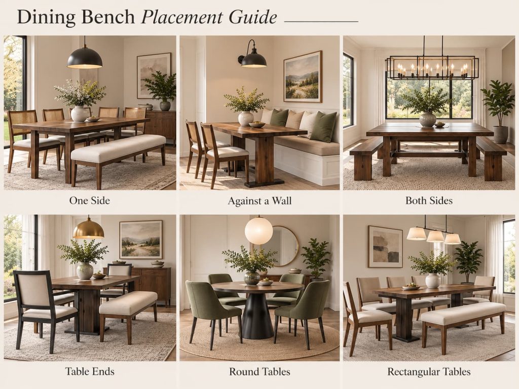 Six dining room layouts showing bench placement options: one side, against a wall, both sides, and more.