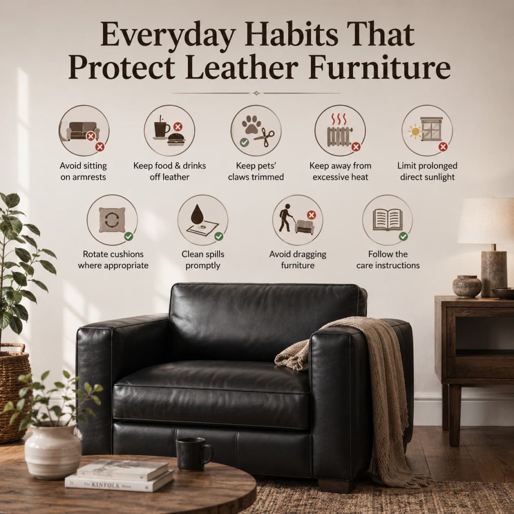 Leather chair with care icons for spills, sunlight, heat, pet claws, cushions, and safe moving.