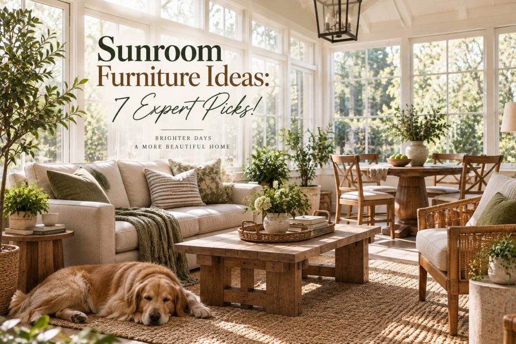 Sunroom furniture ideas image showing a sleeping golden retriever, linen sofa, rattan dining chairs, and jute rug in a sunlit room.