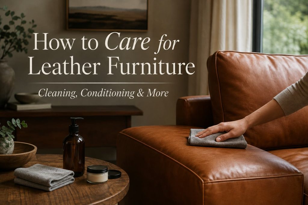 How to care for leather furniture by wiping a leather sofa with a microfiber cloth alongside cleaning and conditioning supplies