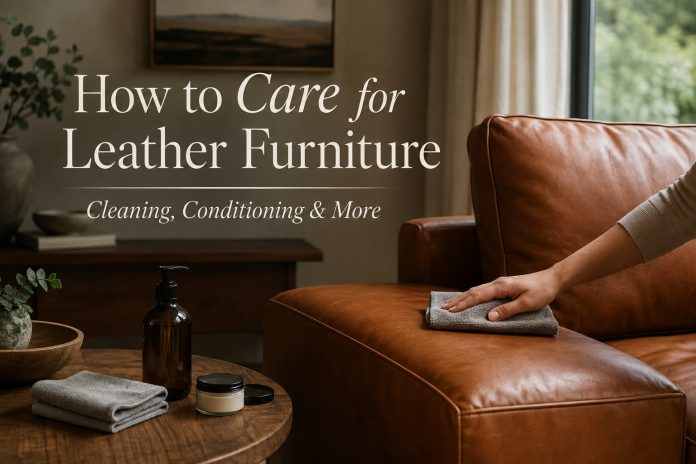 How to care for leather furniture by wiping a leather sofa with a microfiber cloth alongside cleaning and conditioning supplies