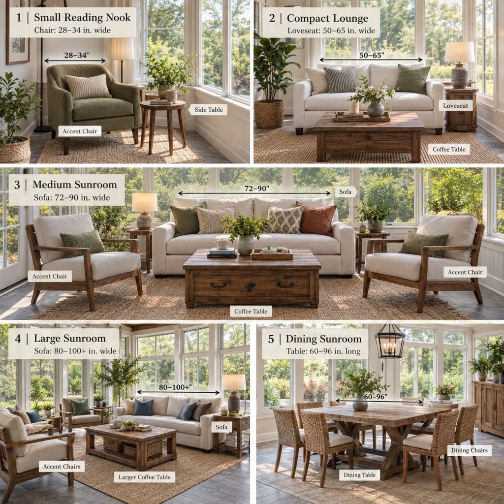 Sunroom furniture size guide infographic comparing chair, loveseat, sofa, and dining table dimensions for each room type.