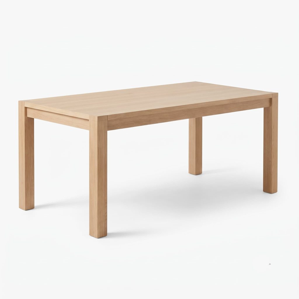 Light oak dining table with a rectangular top and squared legs on a plain white background.