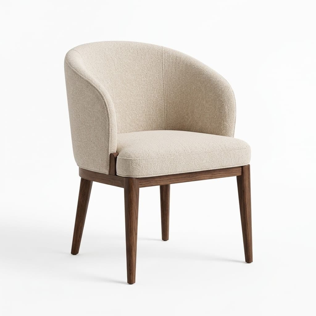 Curved barrel dining chair in cream boucle fabric with wood legs.