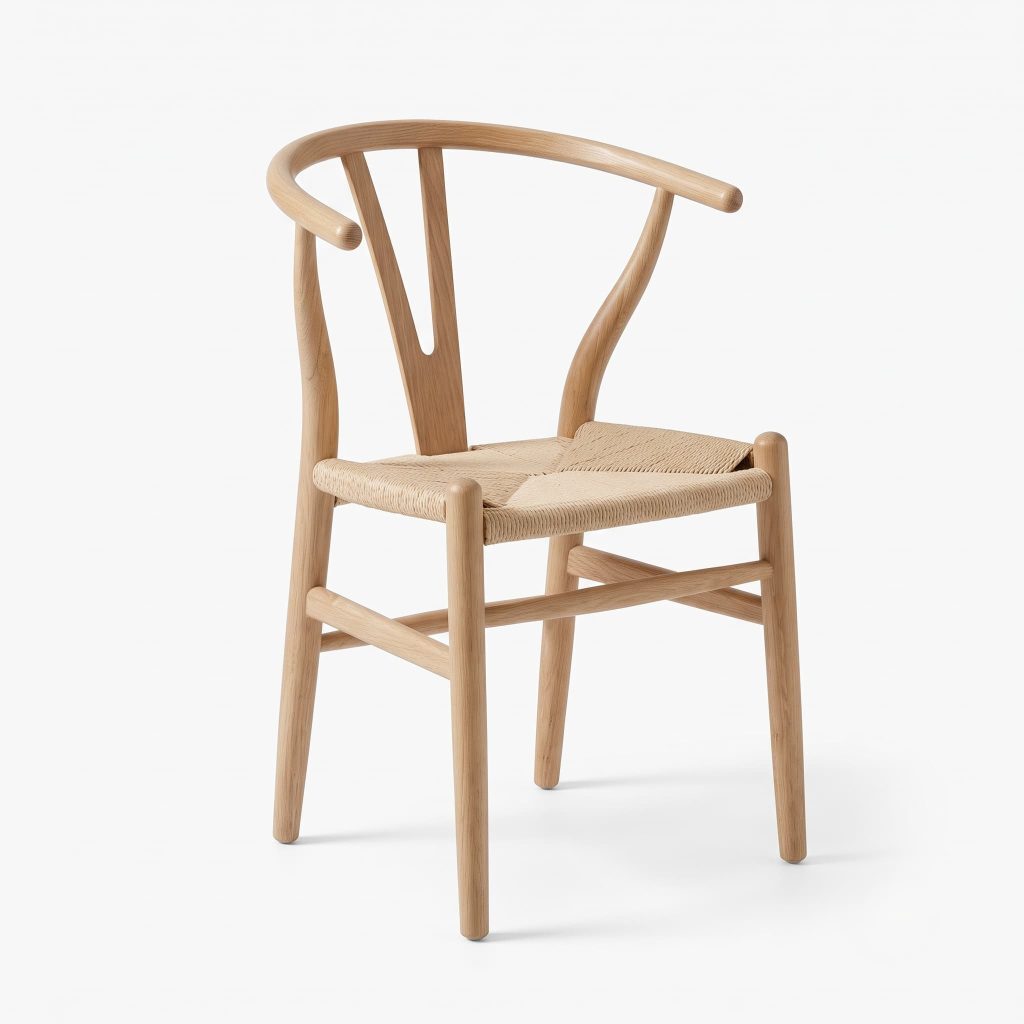 Wishbone-style dining chair in natural oak with a woven paper cord seat, white background.