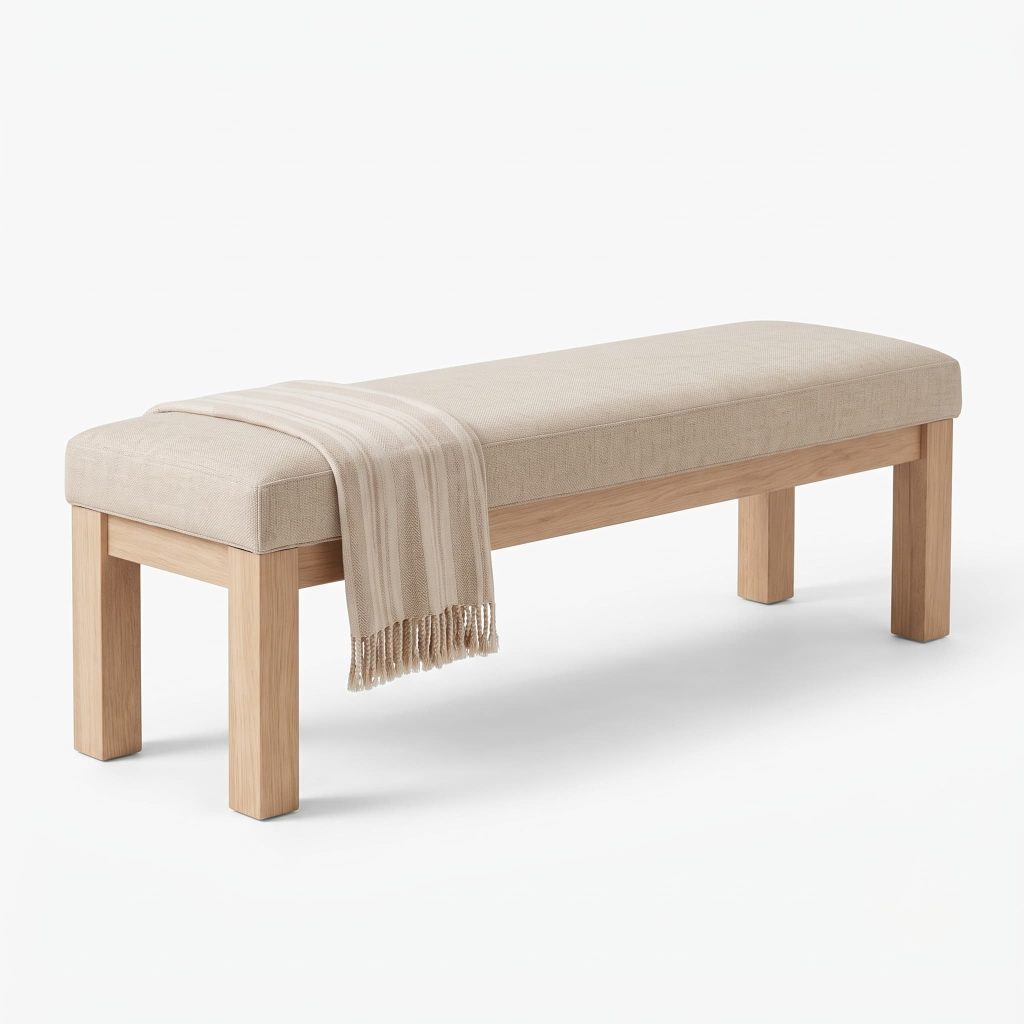 Upholstered dining bench with wood legs and a beige throw draped over one end, white background.