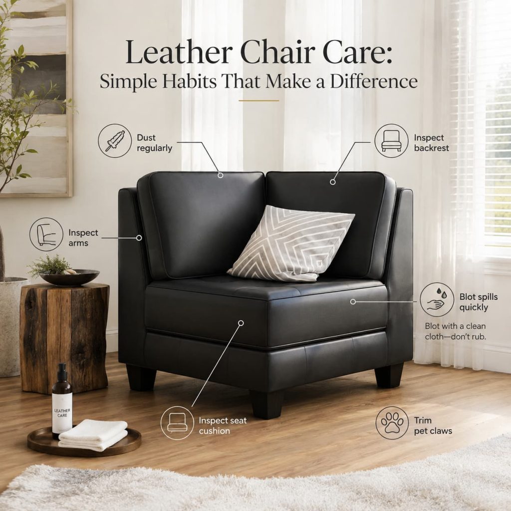 Black leather chair with care tips for dusting, spill blotting, pet claws, and regular inspection.