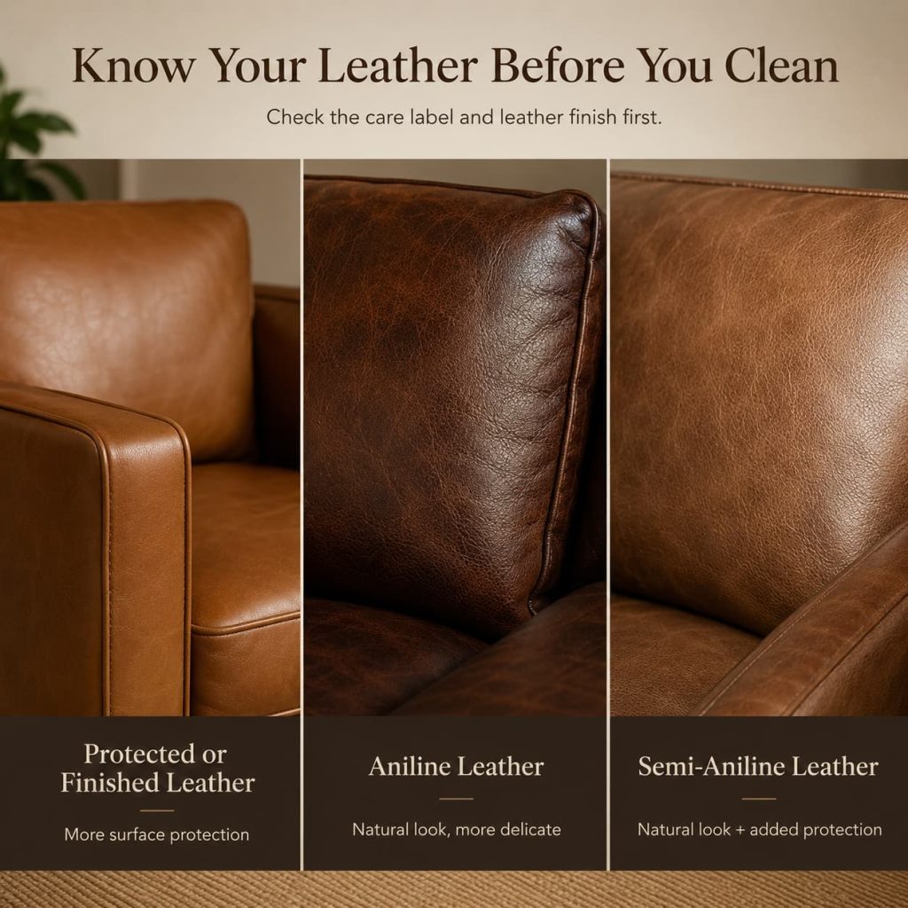 Three leather furniture types compared: protected, aniline, and semi-aniline leather textures.