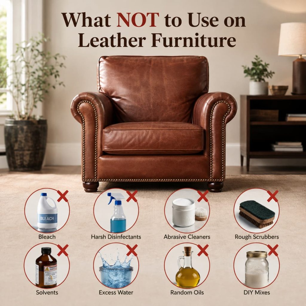 Leather armchair with icons warning against bleach, solvents, oils, water, scrubbers, and DIY cleaners.