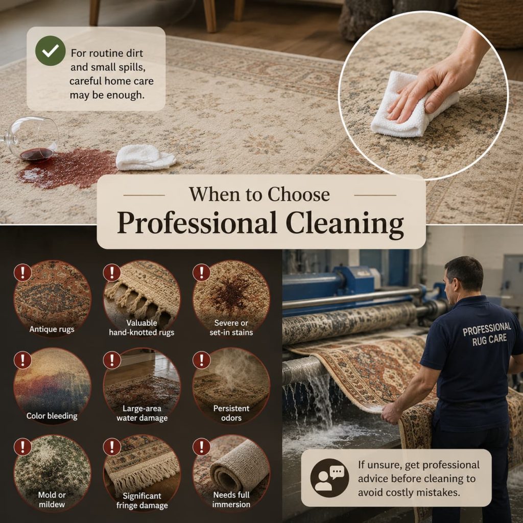When to choose professional wool rug cleaning for stains, damage, antiques, and delicate rugs.