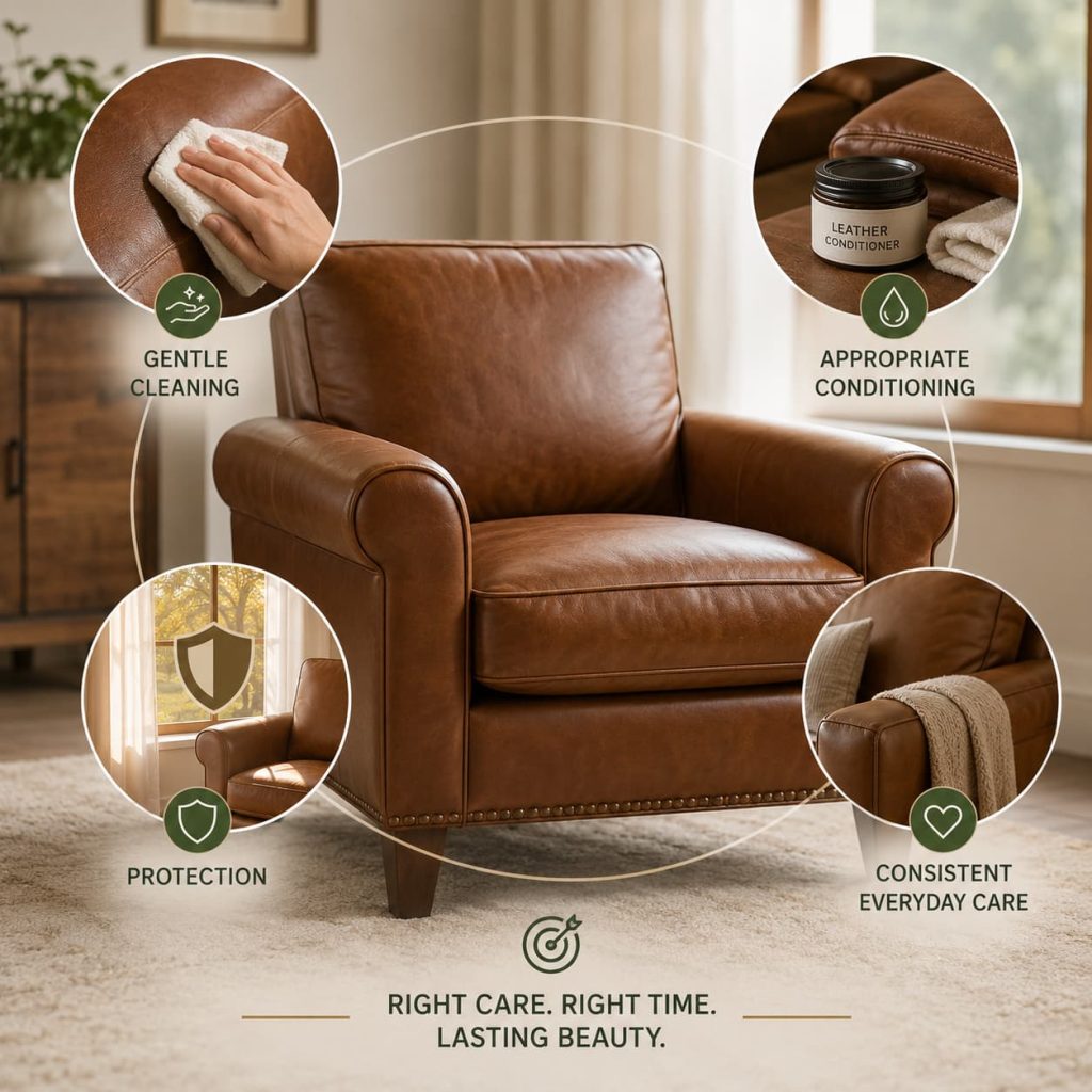 Leather chair care showing gentle cleaning, conditioning, protection, and everyday maintenance.