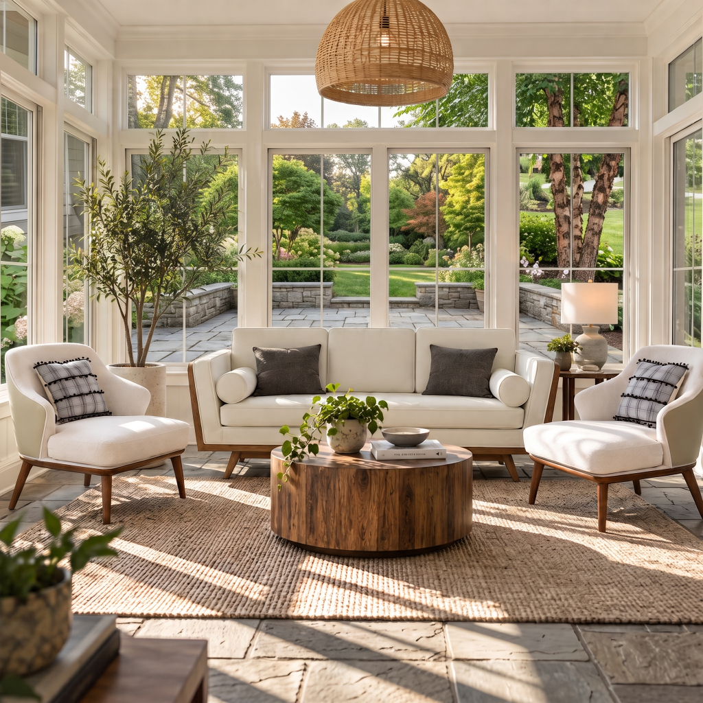Sunroom furniture ideas: cream sofa, chairs, wood coffee table, and rattan pendant light near garden windows.