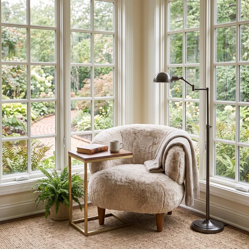 Cozy corner with plush cream chair, gold side table, book and mug, floor lamp, and fern by garden windows.
