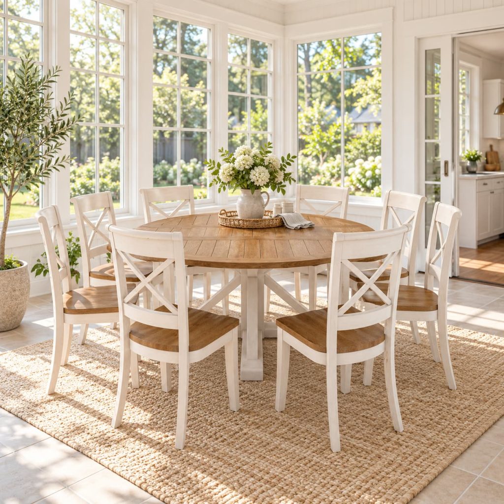 Round wood dining table with white cross-back chairs, seating eight, set on a jute rug near bright windows.