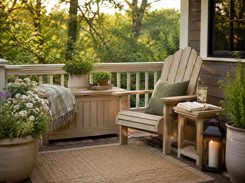 Outdoor reading nook featuring a light wood Adirondack chair and candlelit porch corner