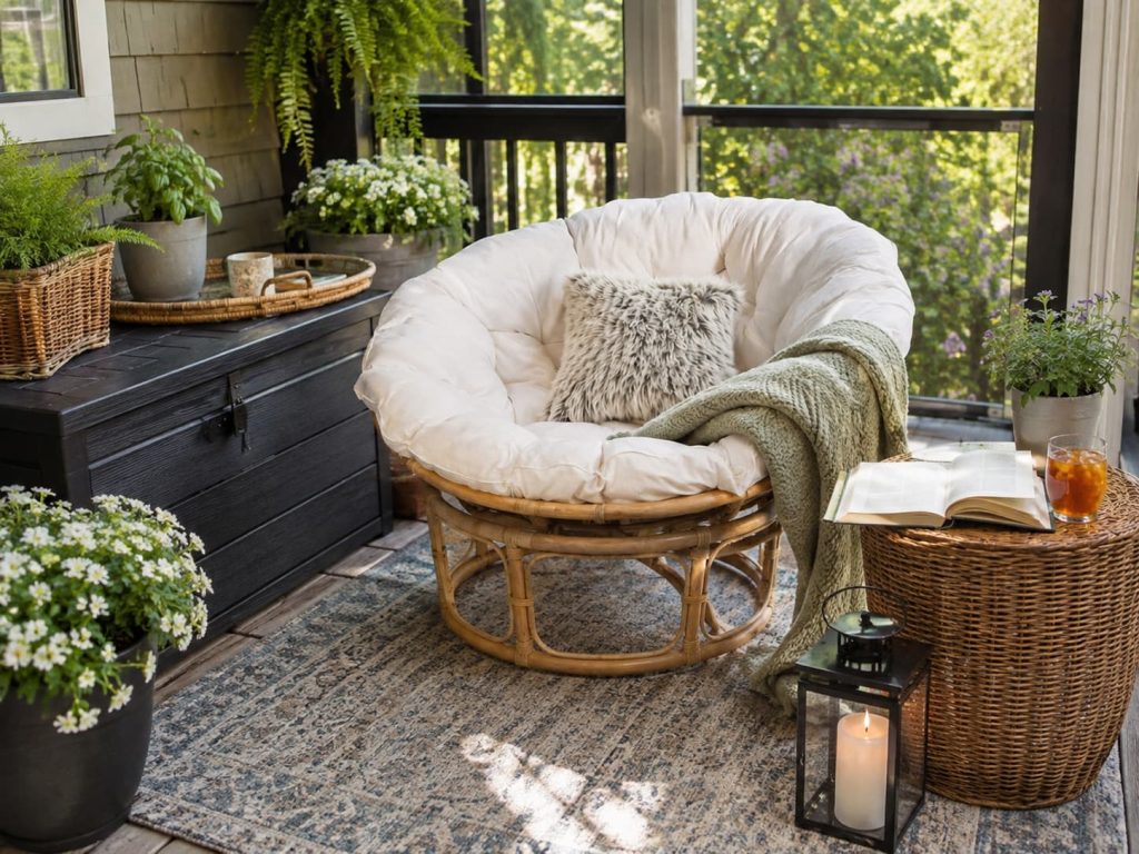 small reading nook featuring a rattan papasan chair, blanket, and book on a plant-filled porch.