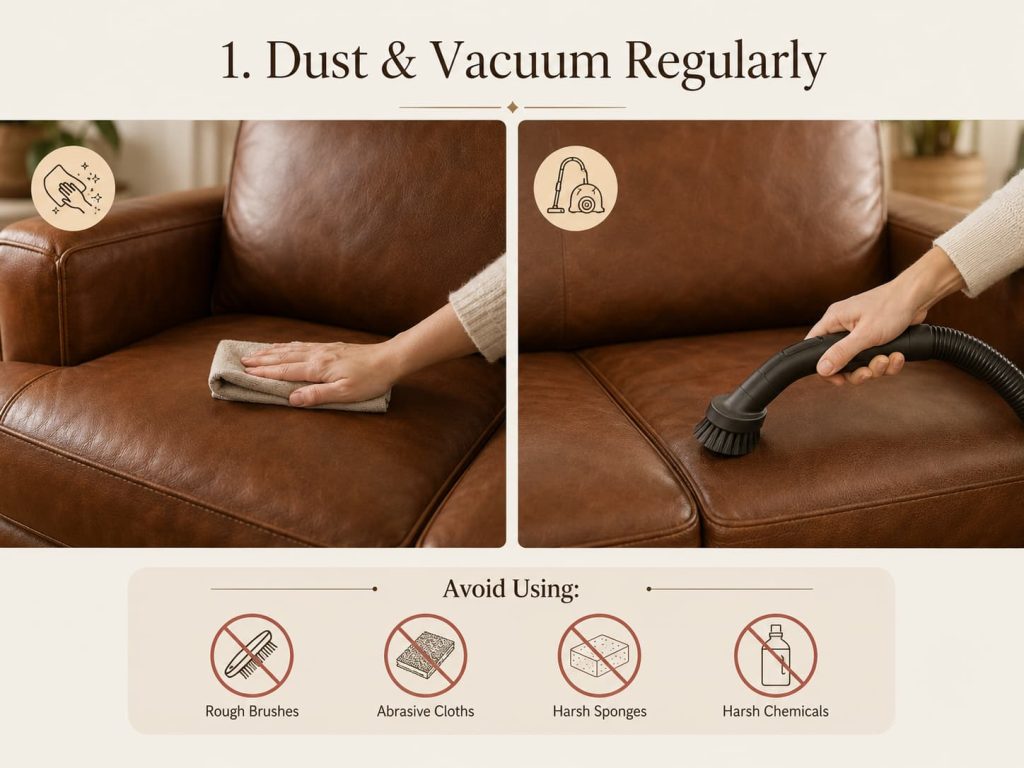 Leather sofa care guide showing dusting with a microfiber cloth and vacuuming seams with a soft brush.