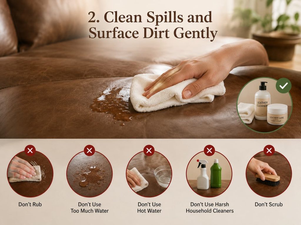 Blotting a spill on a leather sofa with a cloth and approved cleaner, avoiding harsh scrubbing.