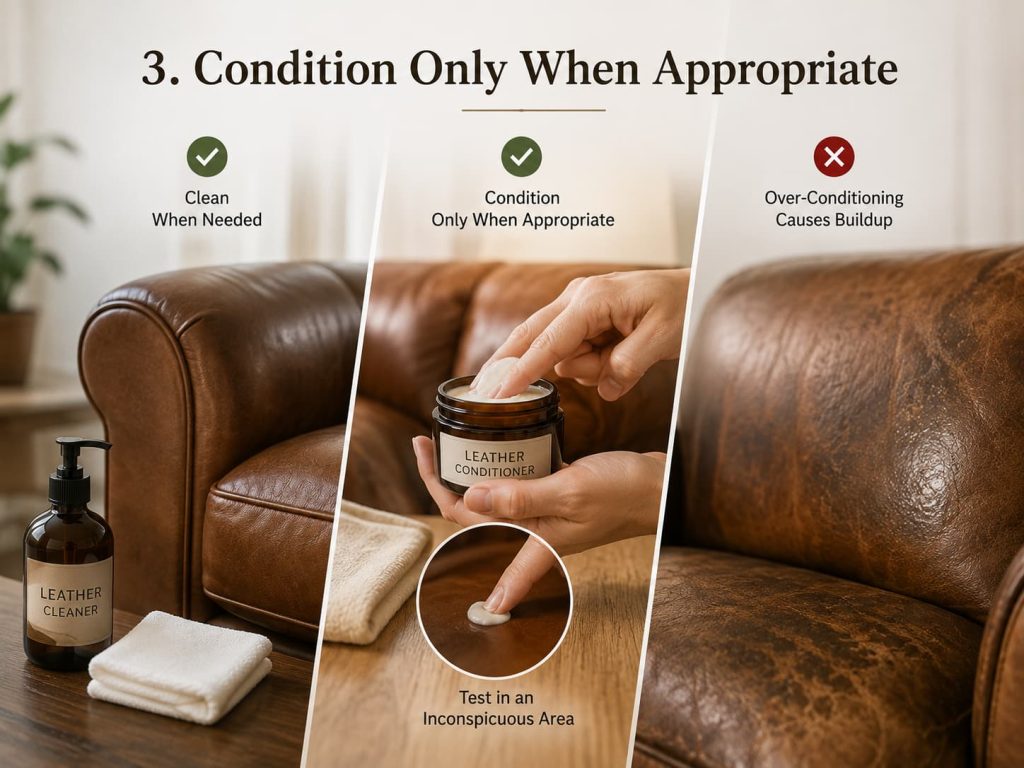 Leather chair care showing cleaning, spot-testing conditioner, and avoiding excess buildup.