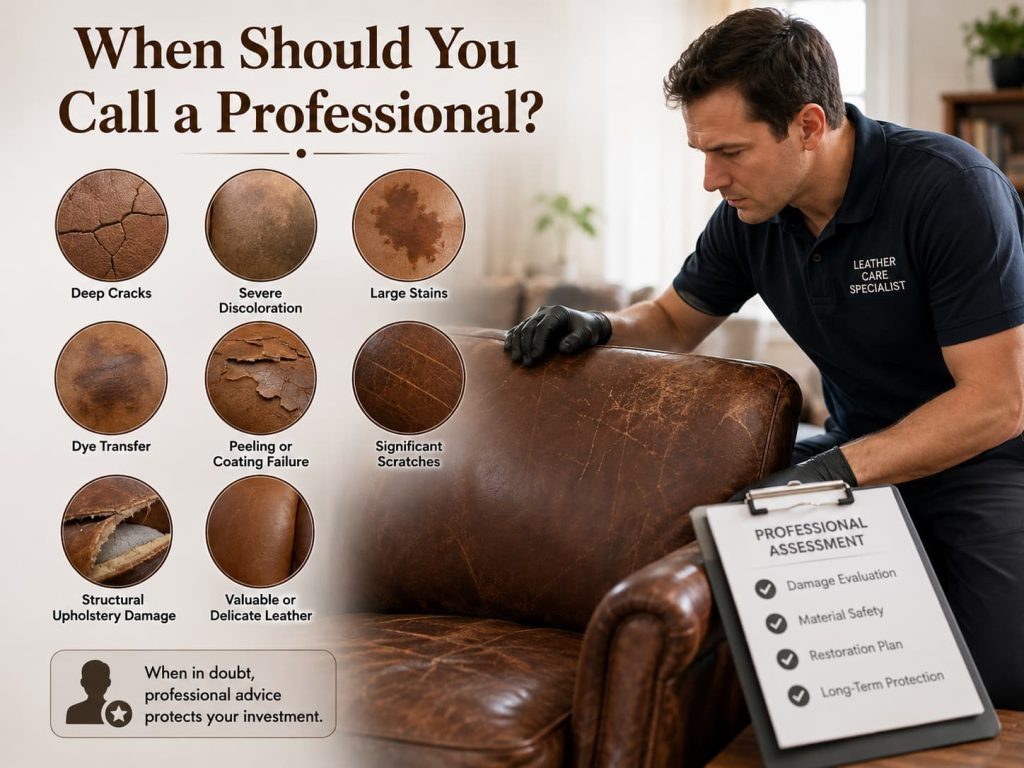 Leather care specialist inspecting a cracked sofa, highlighting signs that require professional restoration.
