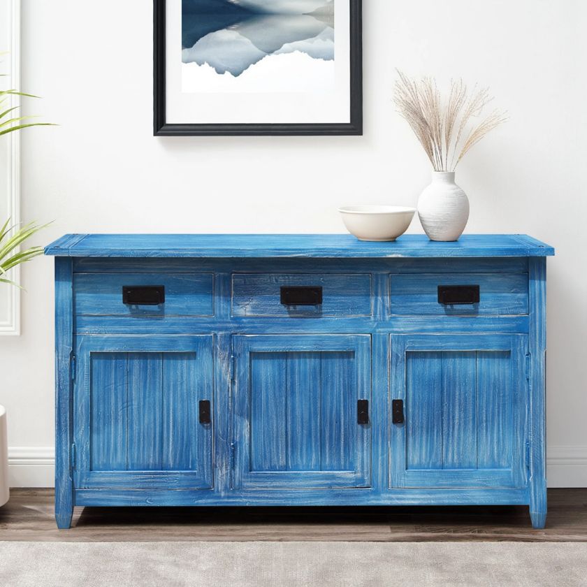 Picture of Appalachian Distressed Solid Wood 3 Drawer Blue Credenza