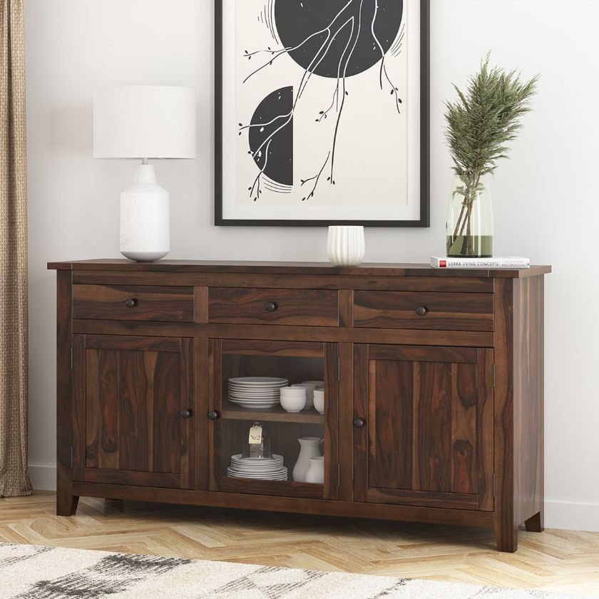 Picture of Frisco Modern Rustic Solid Wood Glass Door 3 Drawer Long Sideboard