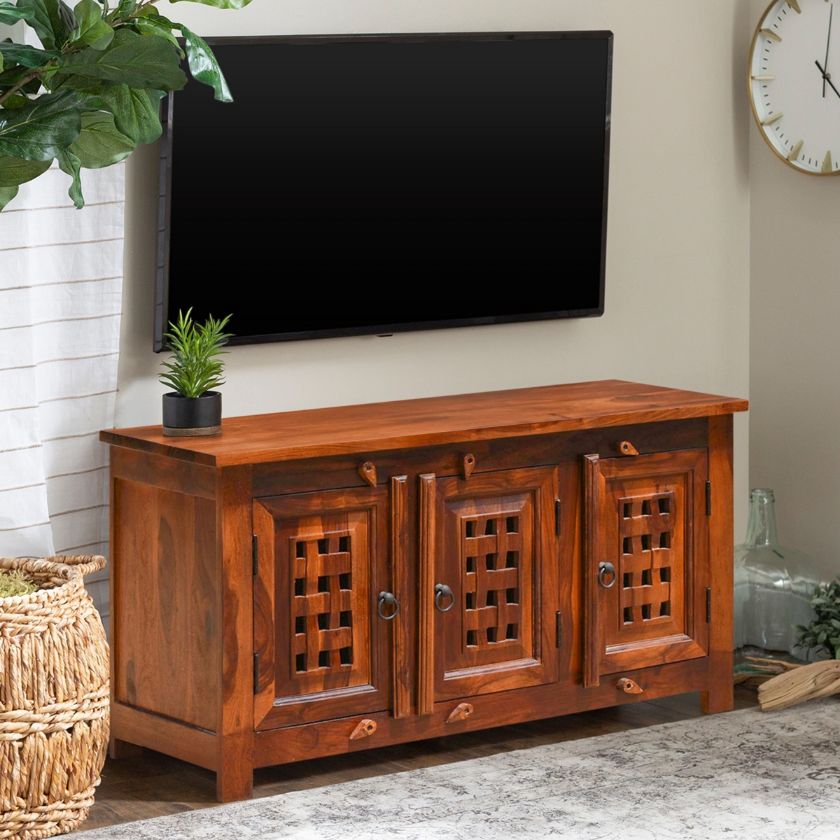 Classic Handcrafted Rustic Solid Wood Entertainment TV Media Cabinet