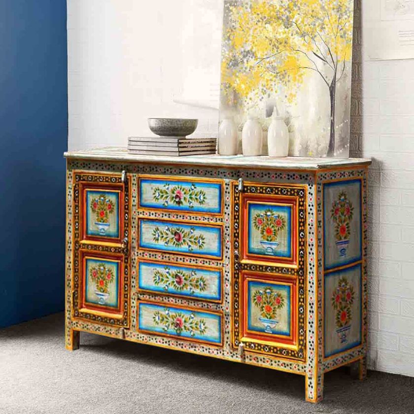Picture of Red Dahlia Solid Wood Hand Painted Sideboard Cabinet with Drawer