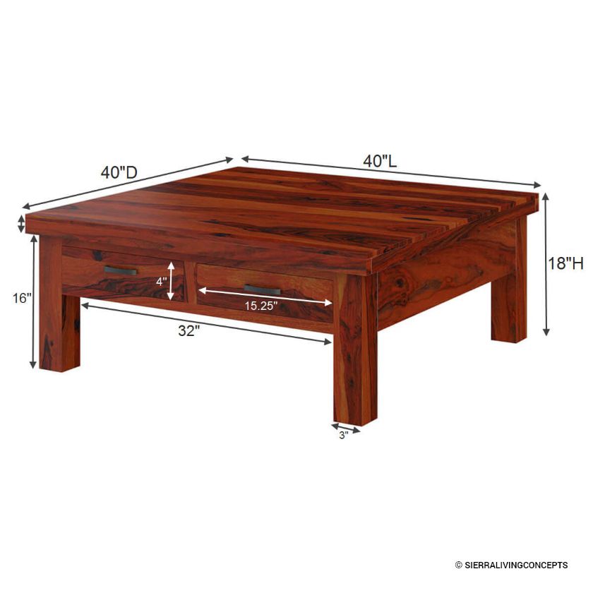 Cheverly 40 Inch Square Coffee Table With Drawers Size Image