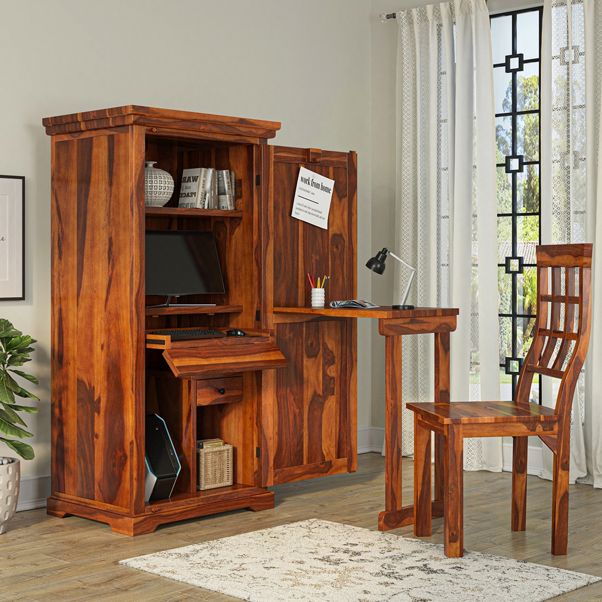 Space Saving Solid Wood Folding Armoire Desk with Storage Cabinet .
