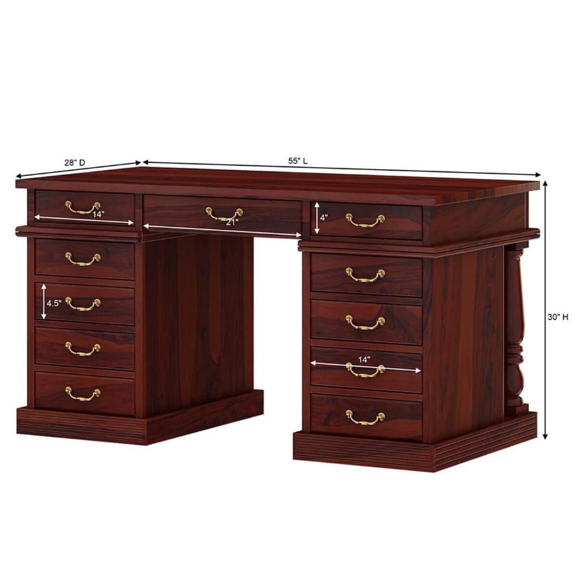 Transitional Solid Wood Home Office Executive  Desk with Keyboard Tray Dimension Image