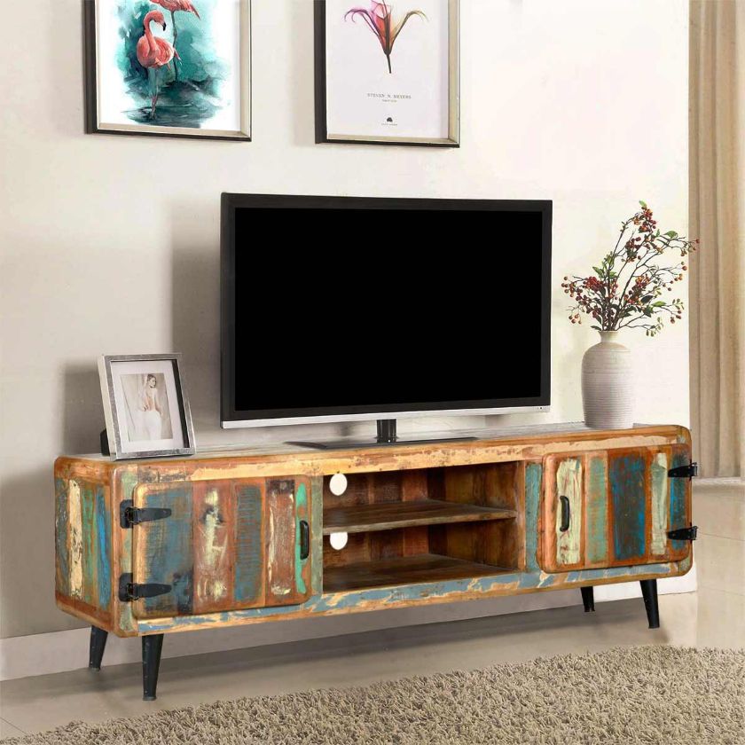 Picture of Medway Retro Reclaimed Wood Large TV Media Console w Center Shelves