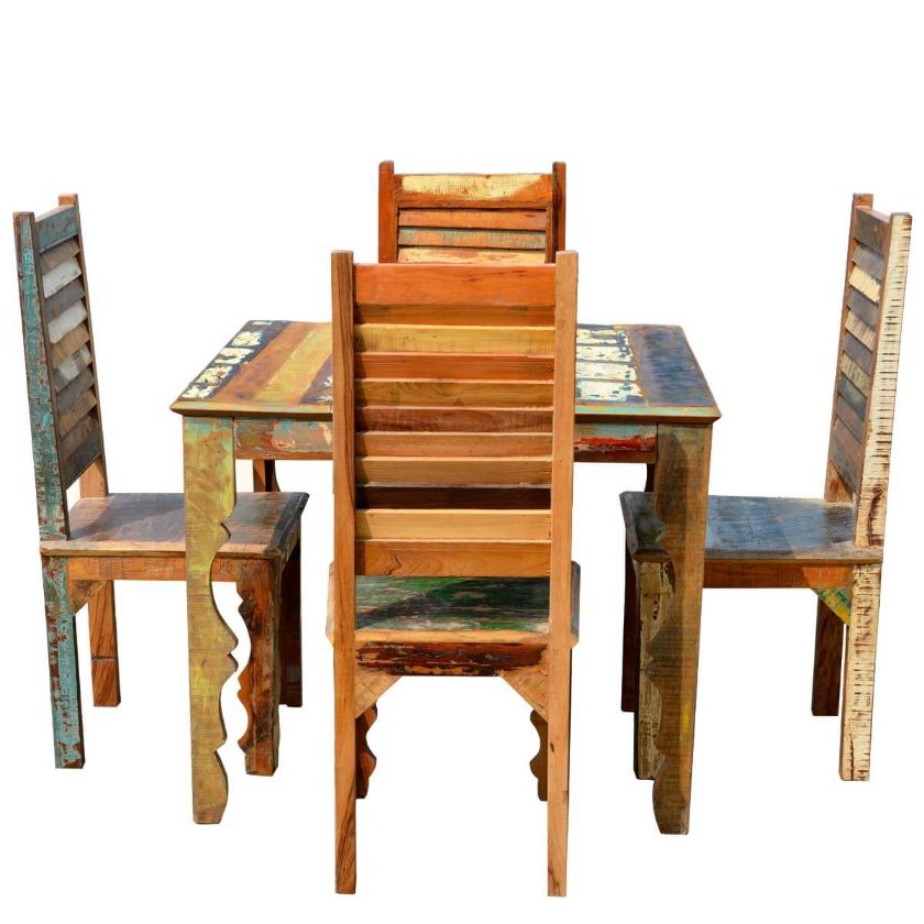 Picture of Rustic Reclaimed Wood Dining Table w Shutter Back Chairs For 4 People