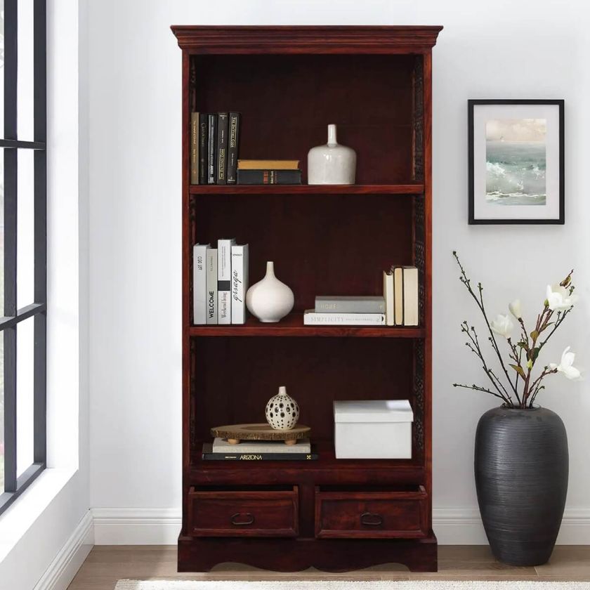 Picture of Cupertino 3 Open Shelf Rustic Solid Wood Office Bookcase With Drawers