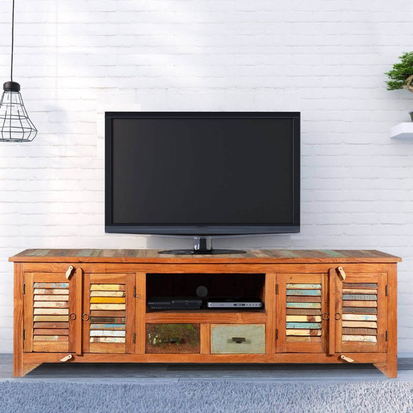 Picture of Rustic Reclaimed Wood Rainbow Shutter Doors TV Stand Media Console