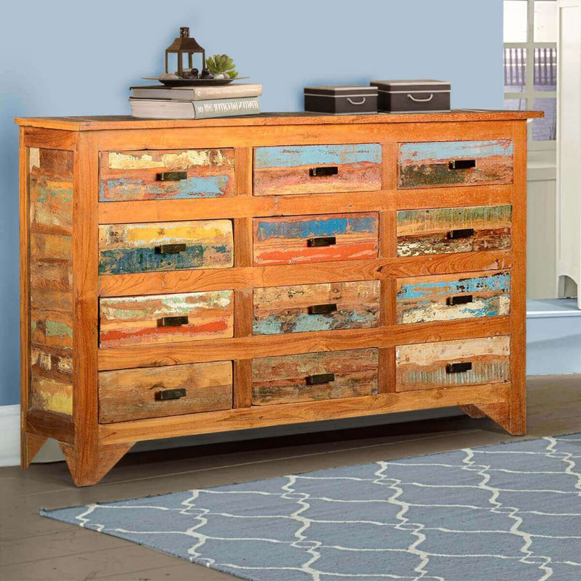 Picture of Multicolored Rustic Reclaimed Wood 12 Drawer Horizontal Dresser