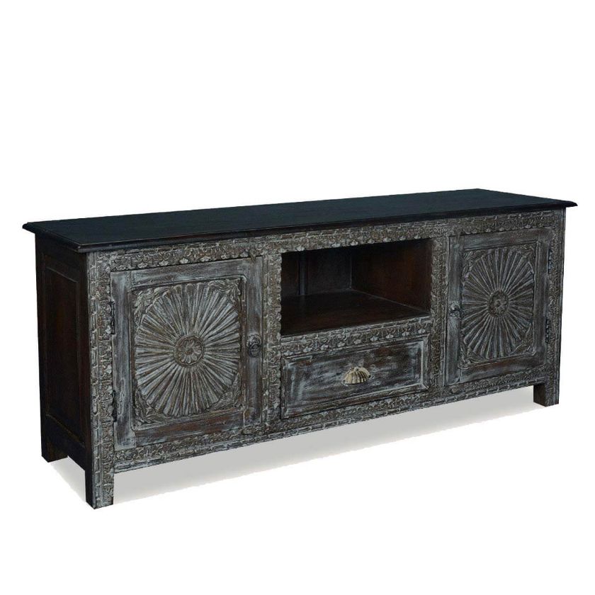 Picture of Ebony Sunburst Reclaimed Wood 1 Drawer TV Stand Media Console Cabinet