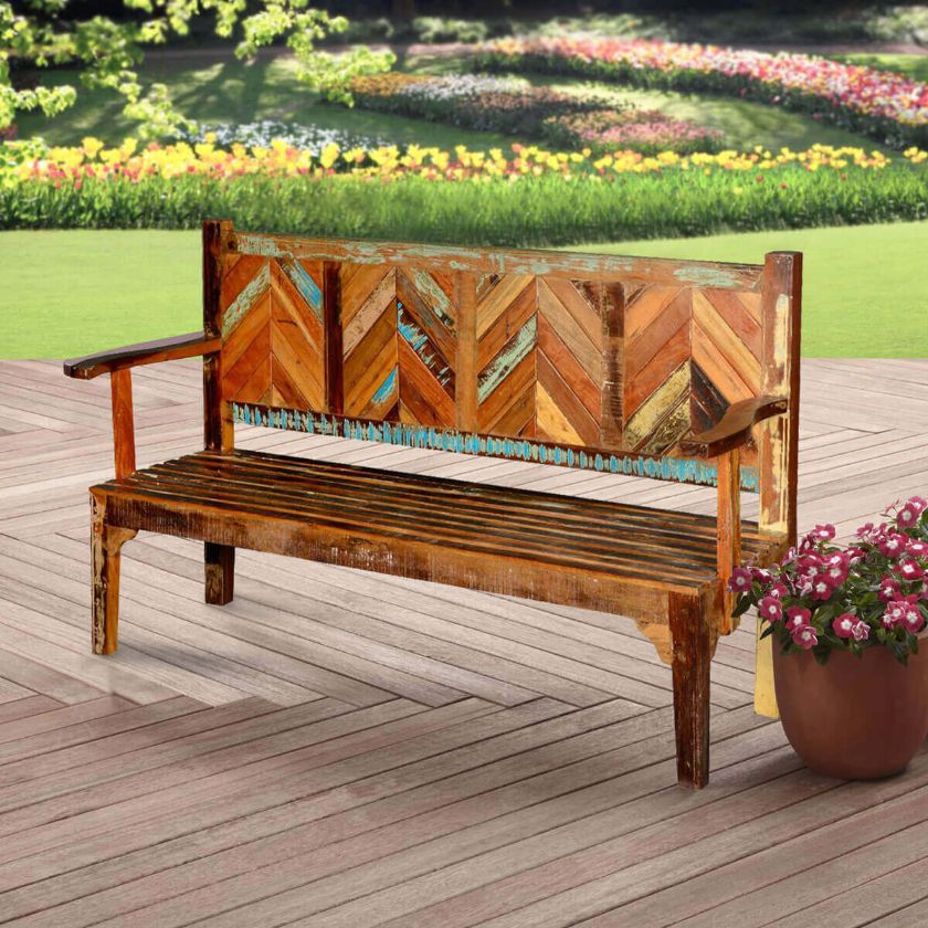 Picture of Hanover Rustic Reclaimed Wood Parquet High Back Porch Wooden Bench