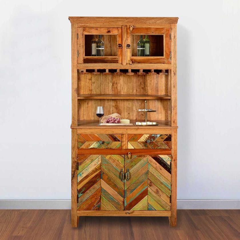 Picture of Solid Reclaimed Wood Tall Bar Hutch Cabinet With Glass Stem Rack
