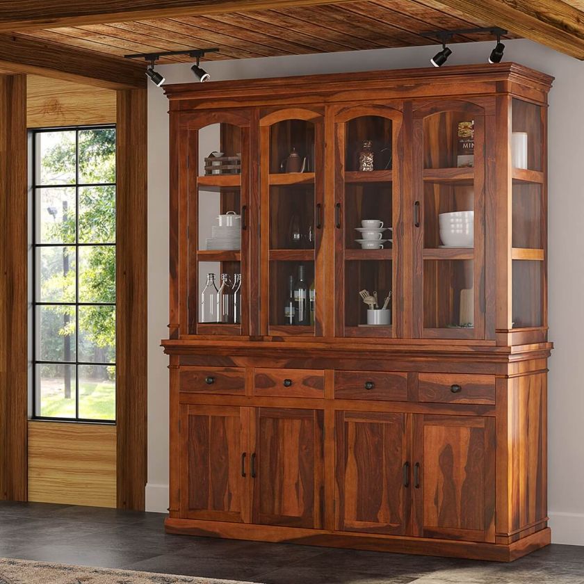 Picture of Clermont Rustic Solid Wood Glass Door Dining Room Hutch